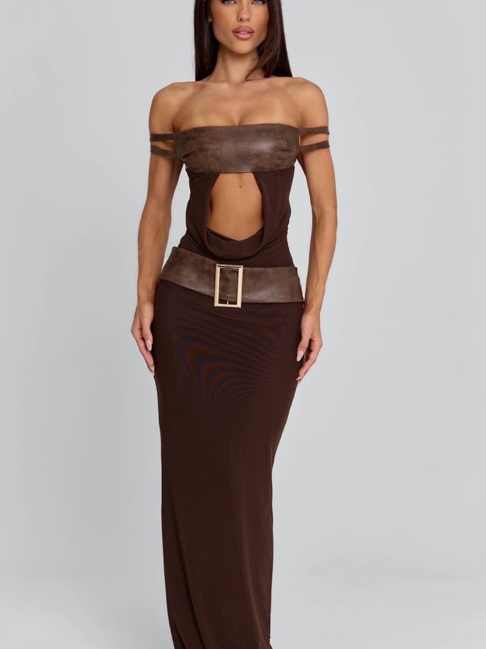 Off-Shoulder Brown Maxi Dress with Belt Detail